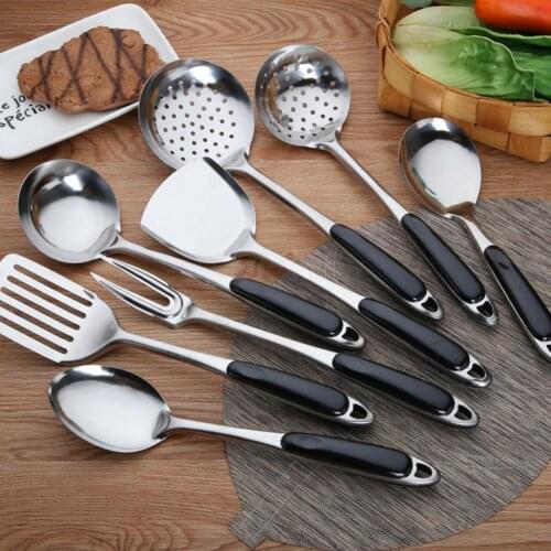 Stainless Steel Soup Spoon Colander Long Handle Spatula Kitchen Cooking Strainer Meat Fork Frying Shovel