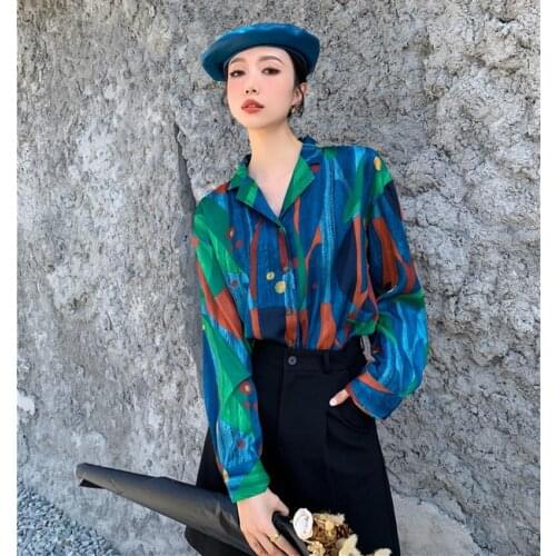 2021 Autumn New Long Sleeve Shirt Blouse Women Button UpOil Painting Loose Top Korean Fashion Clothing