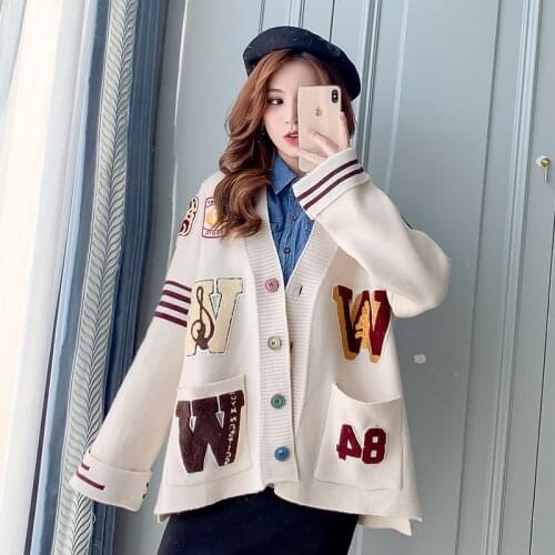 New Letter Embroidery V Neck Knit Cardigan Jacket Women Winter Harajuku Loose Knitshirt Coat 2020 Korean Knit Sweater Tops