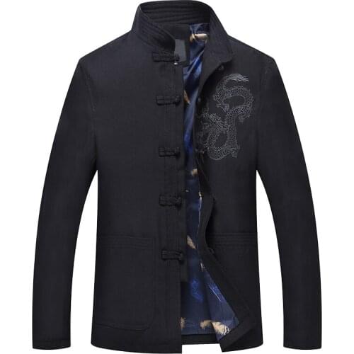 Autumn Chinese Style Mens Jacket Embroidery Buckle Tang Tops Overcoat Linen Traditional Chinese Clothing for Men Male Jacket