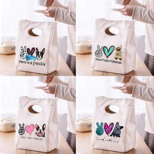Peace Love Bulldog Print Portable Lunch Bags Thermal Insulated Bento Box Tote Cooler Handbag School Food Container Storage Pouch