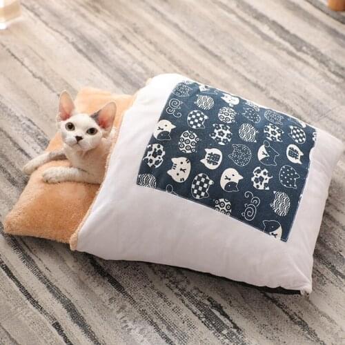 Cat Sleeping Bag Beds Warm Winter with Pillow Print Pet Kennel Kitten Big Cat Dog Bed 3 Sizes Detachable Washing