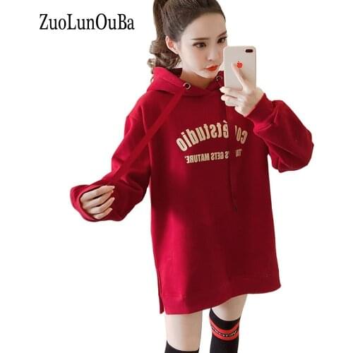 ZuoLunOuBa Autumn Winter Fashion Thick Warm Hoodie Sweatshirt Women Long Sleeved Letter Prin Red Pullover Stitching Coat Tops