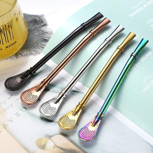 Filter straw spoon 304 stainless steel flower tea spoon tableware juice drink straw mixing spoon