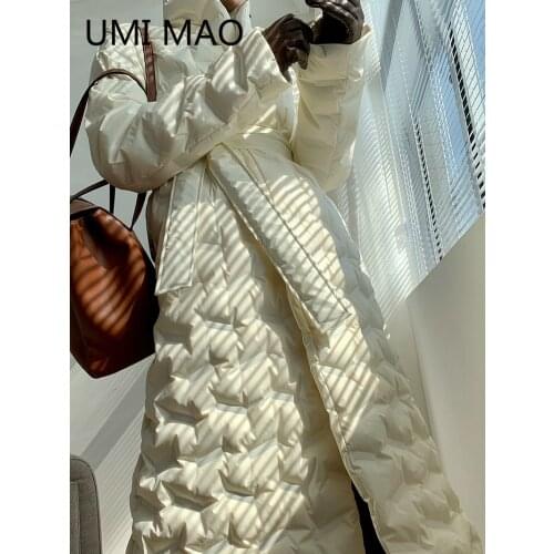 UMI MAO Hard Core Temperament Over-the-knee Down Jacket Womens Winter Mid-length White Duck Down Thick Slim-fit Lace-up coat