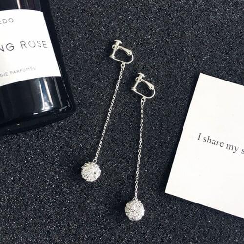 Grace Jun Korea Style Handmade Metal Ball Long Chain Clip on Earrings for Women Charm Earrings Cute Elegant Pierced Earrings New