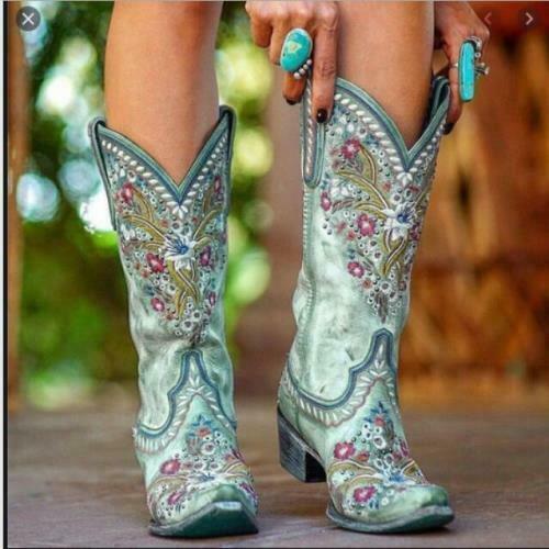 Womens Chic PU Leather Floral Embroidered Studs Mid Calf Cowboy Boots Shoes New