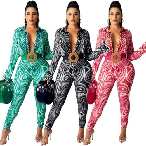 2pcs Women Set 2021 Autumn Long Sleeve Printed Shirt Blouse Top And Pants Sets Outfits Tight Vintage Streetwear(No Sashes)