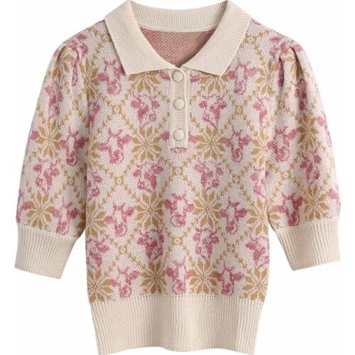 Evfer Women Casual Turn-Down Collar Half Sleeve Knitted Za Pullover Tops Chic Lady New Spring Fashion Print Polo Sweaters