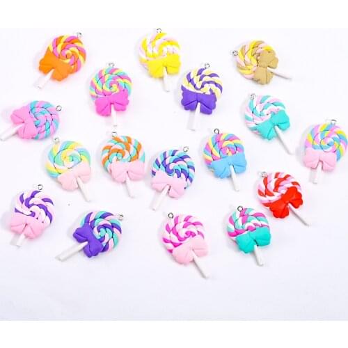 10Pcs Softclay Candy Bow Lollipop Charms Craft Ornament DIY Accessories Fimo Polymer Clay Pendant For Jewelry Making Supplies