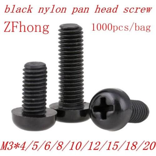 1000PCS M3*4/5/6/8/10/12/15/18/20 black nylon phillips round pan head screw