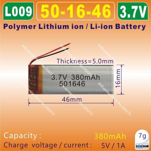 5pcs [L009] 3.7V,380mAH,[501646] PLIB;polymer lithium ion / Li-ion battery for mp3,voice recorder pen,smart watch,MP4,speaker
