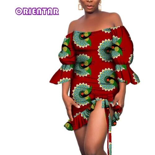 African Dresses for Women 2020 Sexy Slash Neck Ankara Dress African Print Short Dress African Clothes Women Club Party WY8359