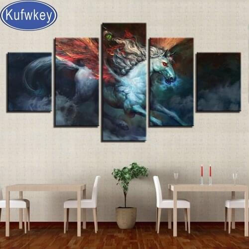 Diamond Painting 5 Panel White Horse ,3d Crystal Cross Stitch DIY Diamond Embroidery Rhinestone Kirin Unicorn Animal Mosaic Kits