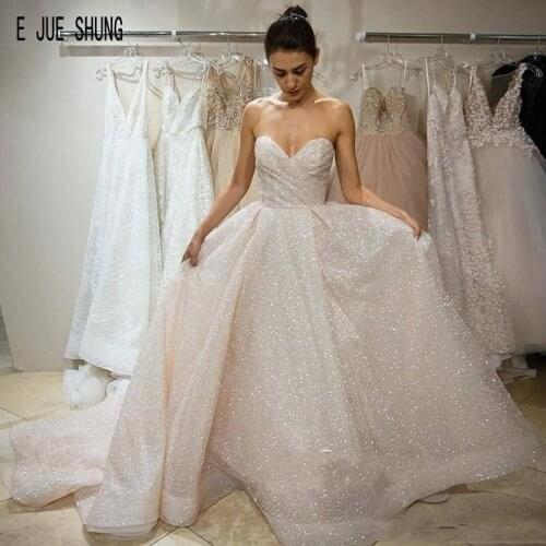 E JUE SHUNG Shiny Sequined Wedding Dresses Strapless Sweetheart Neck Backless A Line Wedding Gowns robe de mariee Bridal Gowns