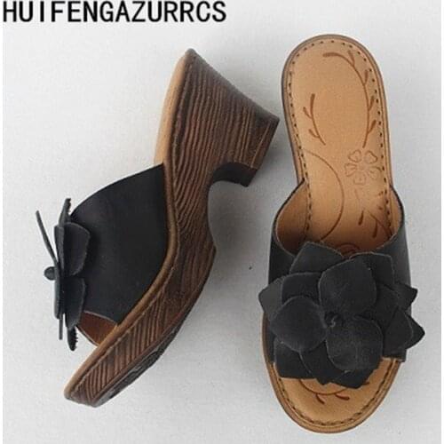 Careaymade-Real Leather Coarse High-heeled Fishmouth handmade slippers Head Layer Cowhide Hand-made Open-toed Women slippers