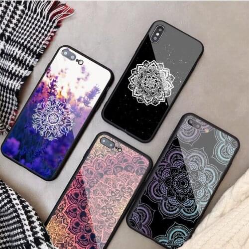 Mandala Floral Tempered Glass Phone Case For iphone 12 11 Pro Max 5 6 7 8 PLUS X XS XR XSMax Shell