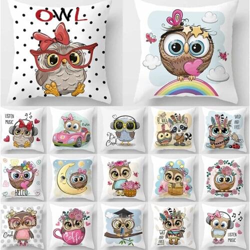 Owl Cartoon White 45x45 Peach Skin Throw Pillow Living Room Cushion Cover Car Home Decor Sofa Decorative Pillowcase Fall Decor