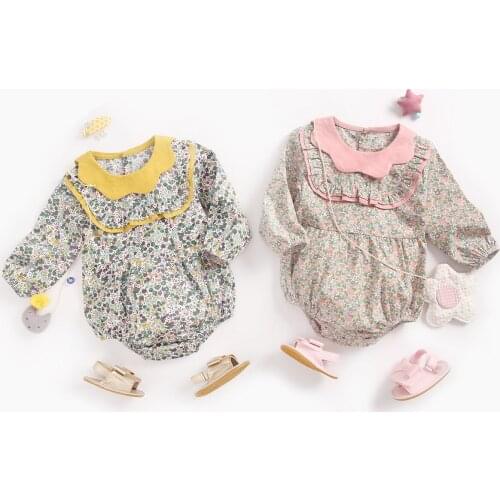 Infant Newborn Baby Girl Cotton Baby Romper Autumn Spring Flower Printed Long Sleeve Ruffles Rompers Princess Baby Girl Clothes