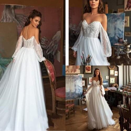 Elegant Bohemia Lace Wedding Dress Beach Long Sleeve Boho Wedding Gowns Simple Off The Shoulder Robe De Mariee Свадебное Платье