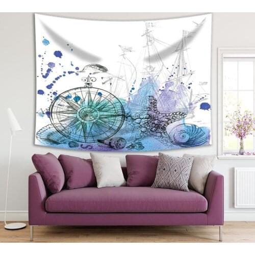 Tapestry Fish Seagulls Compass Boat Shell Starfish Watercolor Splashes Nautical Theme Blue