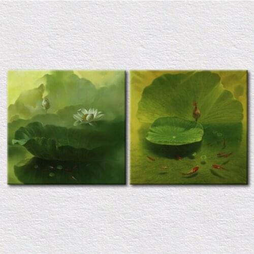 Canvas prints art good Gift for family picture quality painted Green pond Lotus and Goldfish painting 2pcs set printed on canvas