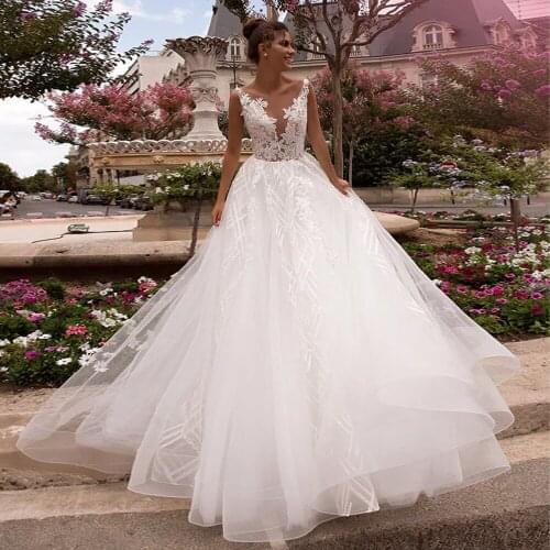 Classic V-Neck Wedding Dresses Ivory A-line Appliques Floor Length Vestidos De Noiva 2021Summer Beach Bridal Dresses