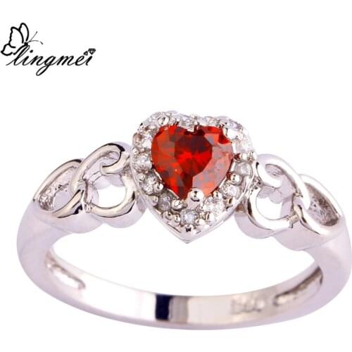 Lingmei Wholesale Womens Fashion Heart Women Jewelry Red White CZ Silver Color Ring Size 6 7 8 9 10 11 12 13 Love Style Gift