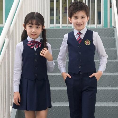 Korean kid Japanese school kid girl white shirt Navy shirt pants tight suit