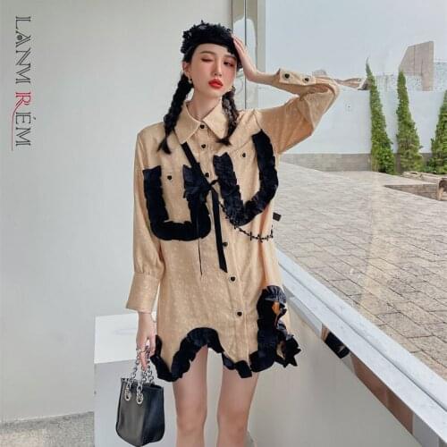 LANMREM 2021 Autumn New Lotus Leaf Wave Mini Dress Women Long Sleeve Single Breasted Big Pocket Dresses Fashion 2W282