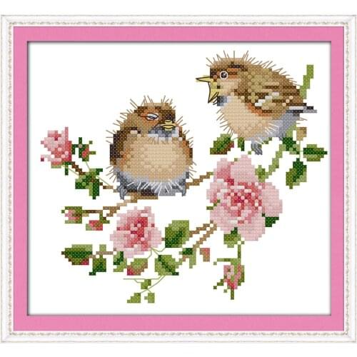 The chatted birds on roses cross stitch kit flowers Aida count 14ct 11ct print embroidery DIY handmade needlework supplies plus