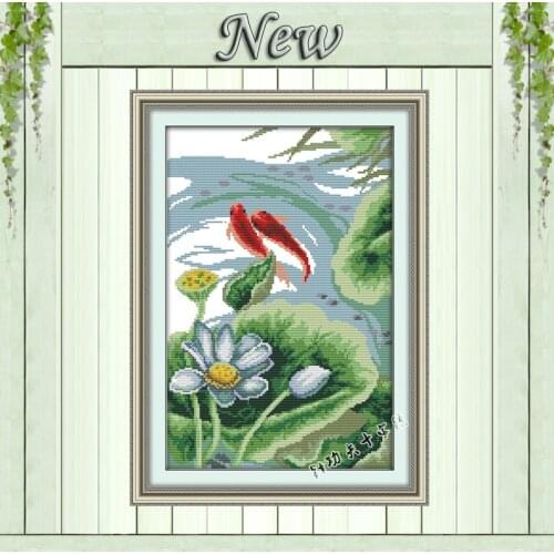 Water lily carps(2) animal crafts Counted Print on canvas DMC Embroidery Sets Needlework Kits 14CT 11CT Cross Stitch white Lotus