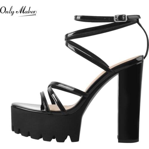 Onlymaker Platform Sandals Women Sandal Patent Leather Cross-tied Chunky High Heels Ankle Strap Buckle Open Toe Big Size