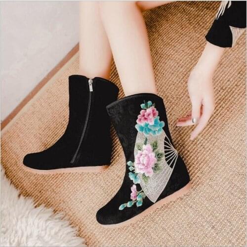 Spring Autumn New National Style Retro Wedges Height Increasing String Bead Embroider Canvas Women Mid-Calf Equestrian Boots