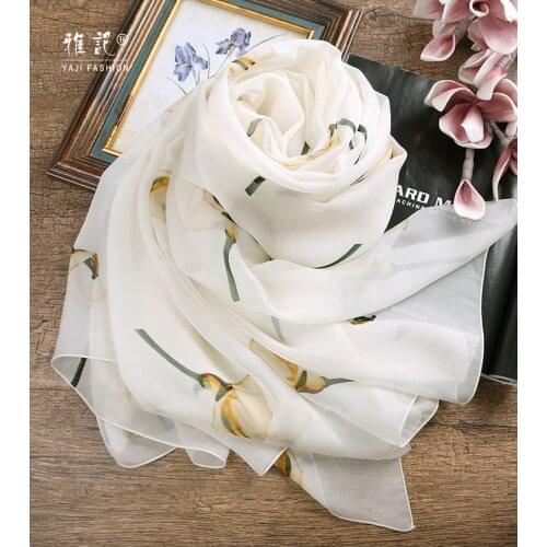 Floral Printed Silk Scarf Women Long Scarf Soft Spring Hangzhou Elegant 100% Silk Scarf Shawl Autumn Winter Summer