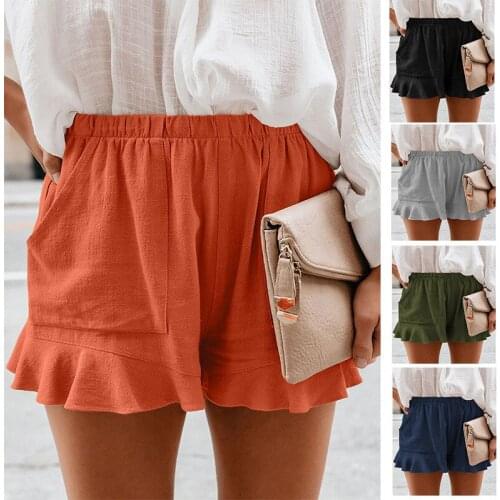 Leosoxs 2021 Summer New Fahion Womens Empire Elastic Band Shorts Casual Loose Solid Pockets Ruffle Hem Ladies Shorts Plus Size
