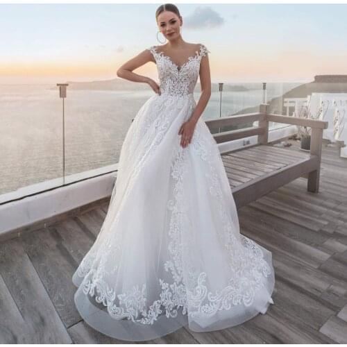 Wedding Dress Tulle O-Neck A-Line Full Lace Appliques Sleeveless Backless Floor Length Vestido De Noiva Bridal Gowns Sweep Train