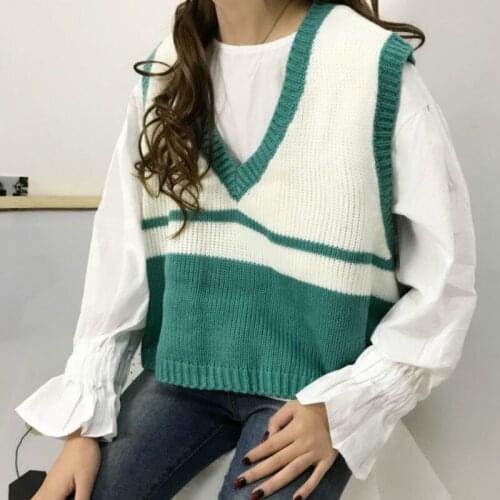 Sweater Vest Women Striped Patchwork Knitted V-Neck Sweaters Vests Womens Korean Preppy-Style All-Match Sleeveless Vintage