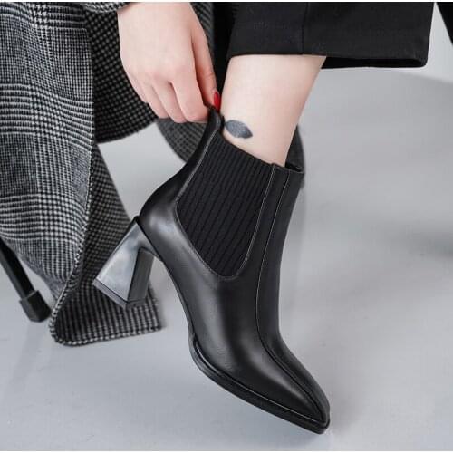 Knitted Wool Stitching Microfiber Square Toe Chelsea Ankle Boots Womens Autumn Thick-Heeled Short-Tube Womens Short Boots