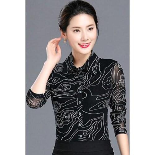 Spring Summer Office Lady Women Printed 3XL Full Sleeve Mesh Blouse Shirt , Fall Female Woman Painted Stretch Pleated Blouses