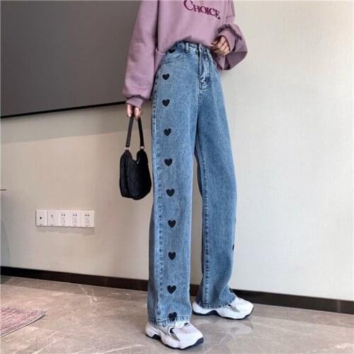 Love embroidery womens jeans spring 2021 new straight chic loose pants show thin wide leg pants