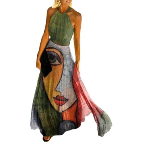 Fashion Ladies Sexy Dress 5 Colors Halter High Waist Off Shoulder Abstract Painting Off Shoulder Dress for Summer Beach