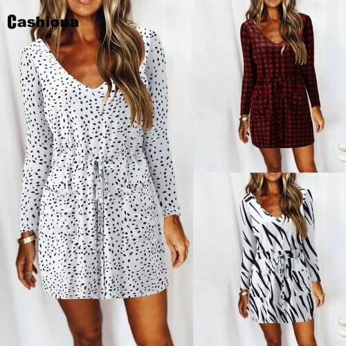 Cashiona Plus Size Women Twill Print Skirts Dress with Pockets Sexy Fashion Short Dress Long Sleeve Female Waist Bandage Dresses