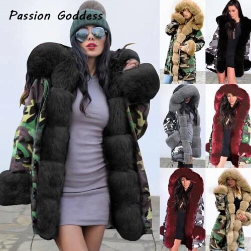 Winter Women Camouflage Long Parkas Jackets Big Fur Collar Hoodies Parkas Down Jacket Thick Outcoat XXL Chaquetas Mujer Invierno
