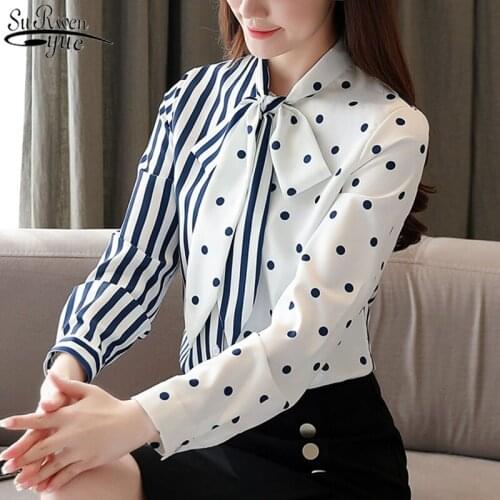 2021 Blouse Women Autumn White Polka Dot Chiffon Shirt Casual Long Sleeve Striped Women Bow Button Cardigan Ladies Tops 10755