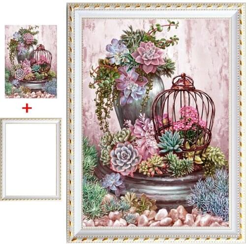 Framed Succulent plant DIY 5D Diamond Painting Full Round drill Diamond Mosaic Embroidery flower cactus Rhinestone decoration