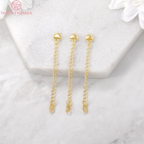 10PCS Full length 55MM Heart 3MM 24K Gold Color Plated Brass Extended Chain with Connector High Quality Jewelry Accessories