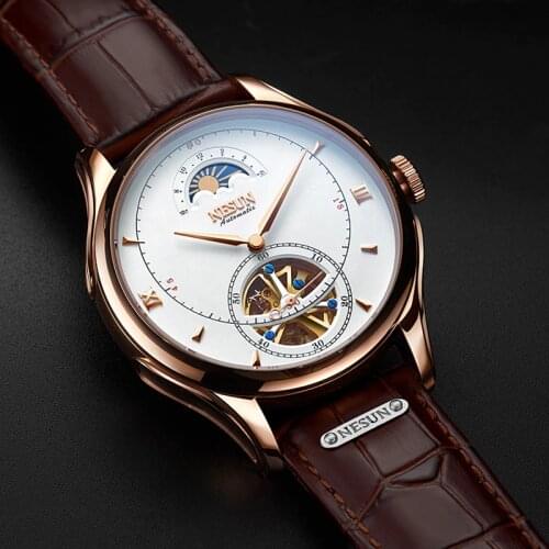 Luxury Brand NESUN Hollow Tourbillon Men Moon Phase Watch Business Automatic Mechanical Mens Wristwatches Waterproof Clock Male