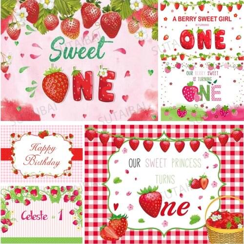 Sweet Strawberry Shortcake 1st Birthday Party Backdrop Personalized Happy Birthday Girl Pink Custom Background Photography Booth
