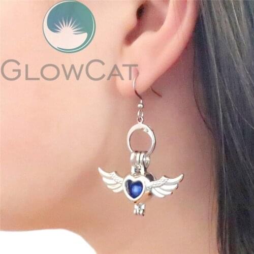 KE650 Heart Wings Dangle Earrings Beads Cage Perfume Essential Oil Diffuser Stone Pearl Cage Locket Drop Earring Brinco
